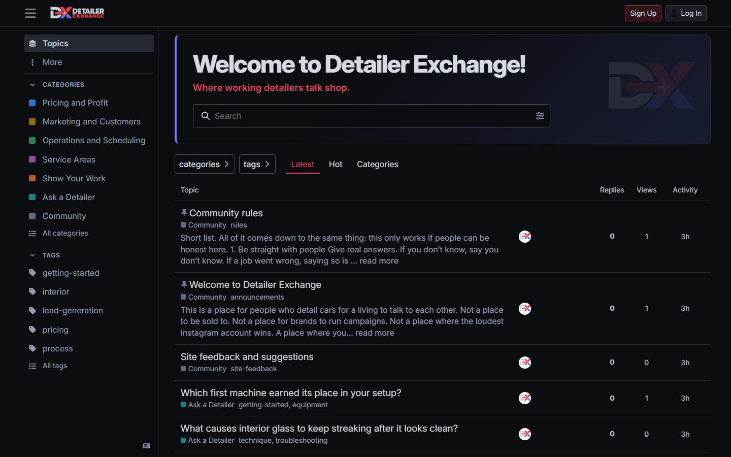 The live Detailer Exchange community homepage. Opens the September 25, 2026 build update.